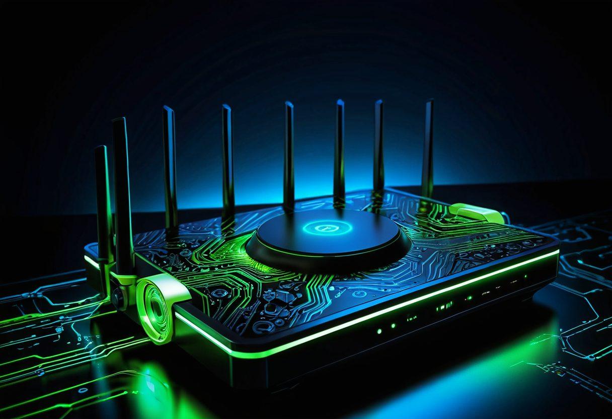 A dynamic image showcasing a modern Wi-Fi router transforming into a powerful, glowing device with digital gears and circuit patterns surrounding it. The background should be a blend of dark blue and neon green, representing technological advancement. Highlight the router with beams of light radiating from it, symbolizing enhanced performance. super-realistic. vibrant colors.