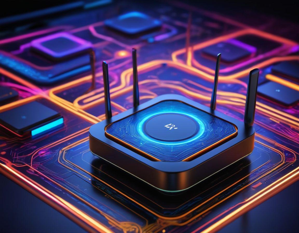 A modern, stylized router bursting with colorful signals shaped like icons representing speed, security, and customization, with sleek devices connected wirelessly. The background features a digital network grid emphasizing connectivity. super-realistic. vibrant colors. tech-inspired design.